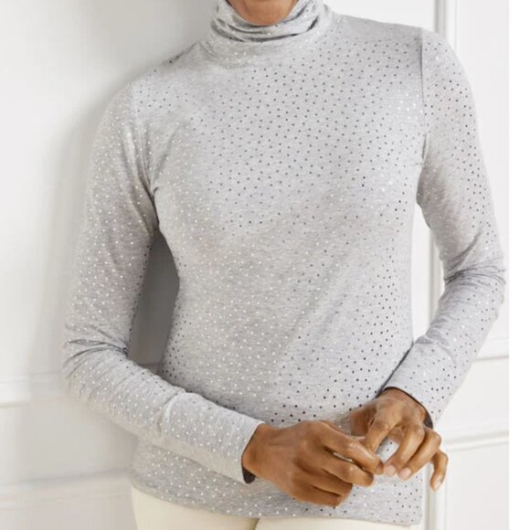 Talbots Top size 1X White Gold Polka Dot Mock Neck Stretch Knit Long Sleeve - Picture 10 of 10